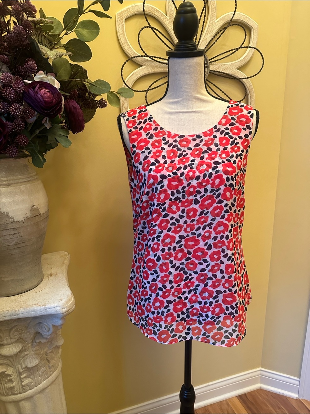 CAbi Pink and Red Floral Ruffle V-Neck Camisole